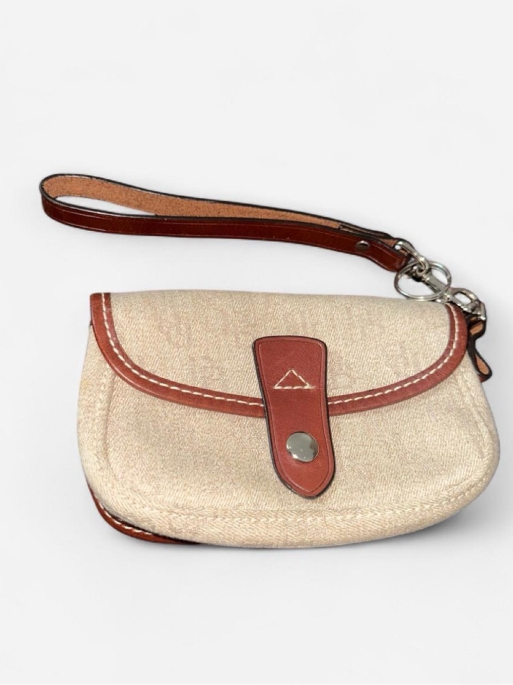 Dooney & Bourke Cream Canvas Wristlet with Brown Leather Trim
